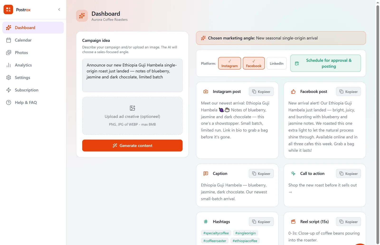 Postrox-dashboard dat Instagram- en Facebookposts genereert voor een fictief koffiemerk